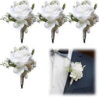 4 Stücke Rose Ansteckblume, Boutonniere Anstecknadel, Hochzeitskleidung Ansteckblume, Handgefertigte Künstliche Blume für Mann (Weiß F)