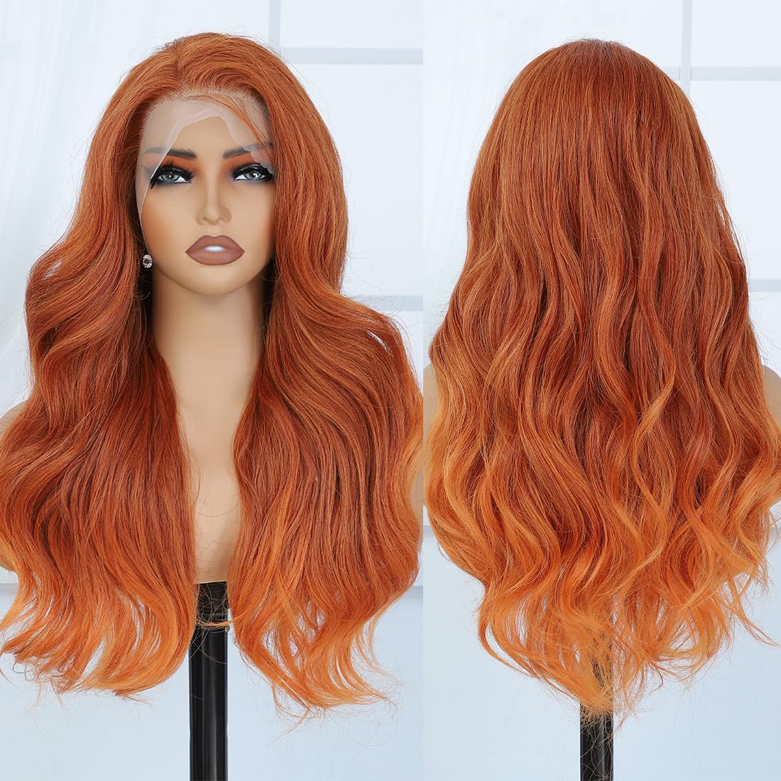 Veally Ginger Orange Lace Front Wig Pre Plucked Ready to Wear 13x4 HD Glueless Body Wave Ginger Lace Front Wig for Women Natural Looking Synthetic Heat Resistant Fiber Ginger Wig (Ginger Orange)