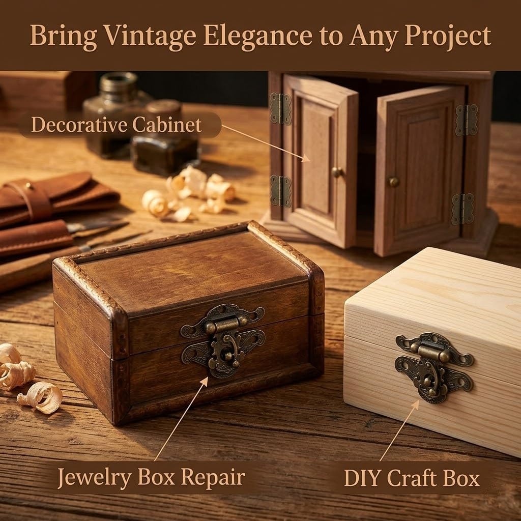 Antique Bronze Mini Box Hinges and Latch Set, Ornate Engraved Butterfly Hinges 1.2" x 1.08", Decorative Clasp 1.9" x 1.5", with Screws