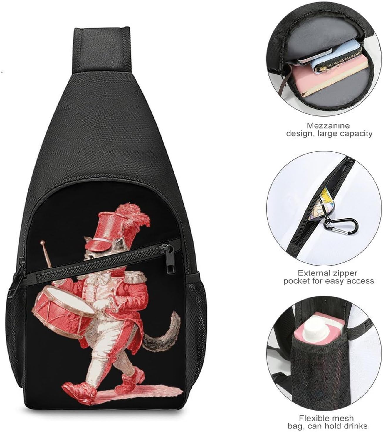 Vintage Cat Band Drum Drummer Crossbody Sling Backpack Chest Bag Daypack | unisex,trendy,with convertible and detachable shoulder strap,side pockets