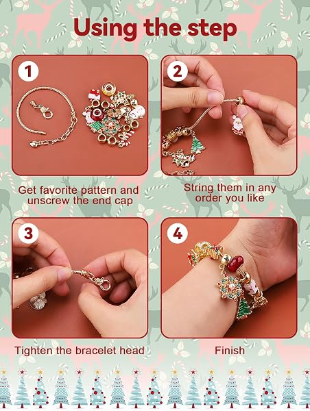 Kalolary 24 Jours Calendrier de l'Avent Fille Bijoux Calendrier de Noël Bijoux Bracelet Artisanat Filles Cadeaux Bracelet à Breloques Kit Cadeau de Noël Bracelets Kits For Filles (Or) - 2