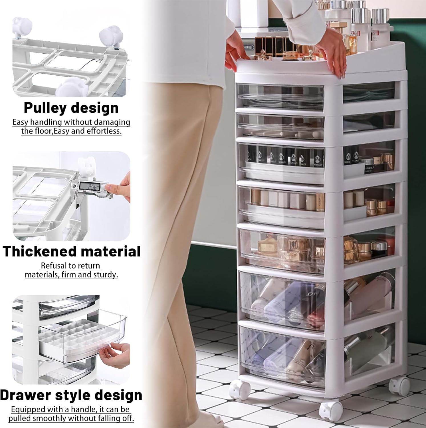 Makeup Storage Organizer with Drawers, Put 35 Lipstick, 18 Eyeshadow and 20 Brushes, Makeup Storage Cabinet, Floor Makeup Organizer with Wheels for Bedroom, Bathroom, Near the Vanity