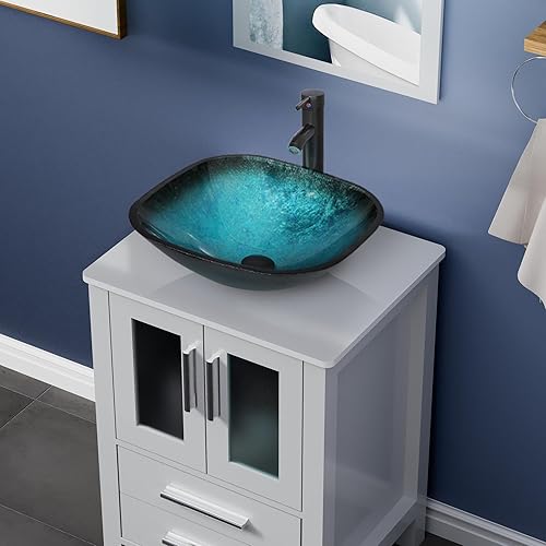 Miniatura 3 de UEV Tocador de baño gris de 24 pulgadas con fregadero de vidrio templado, grifo ORB y combo de espejo de alta definición, tocador de MDF con drenaje