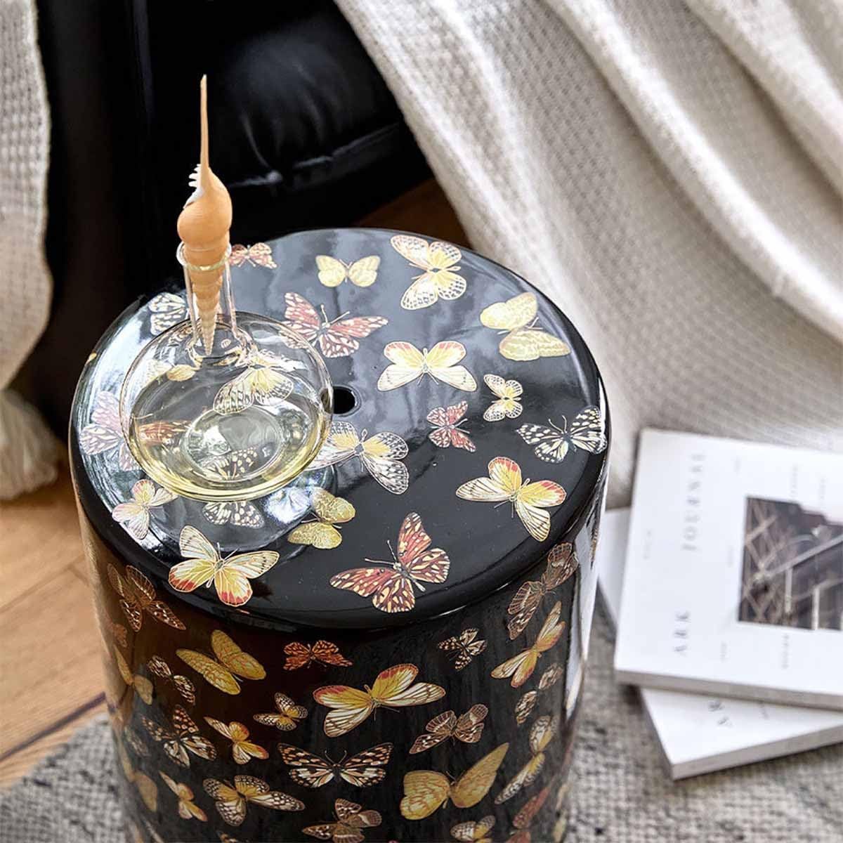 Chinoiserie Garden Stool, Ceramic Stool, Decorative Drum Stool with Flowers & Butterflies, Glazed Ceramic Decorative Stool for Patio and Living Room Garden Stools(H)