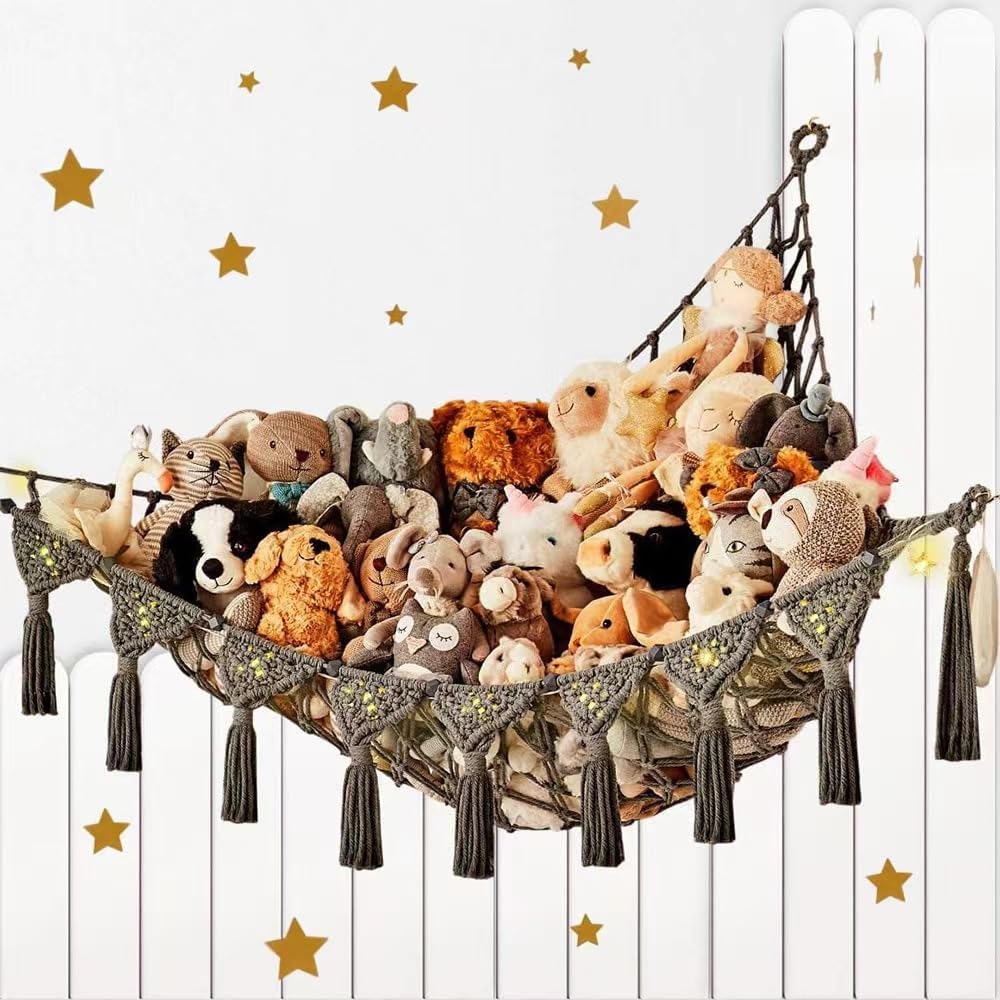 Handmade Cotton Rope Stuffed Animal Storage Net, Corner Triangle Wall Hanging Toy Organizer, Space-Saving Plush Toy Holder for Home and Outdoor, Halloween (White)