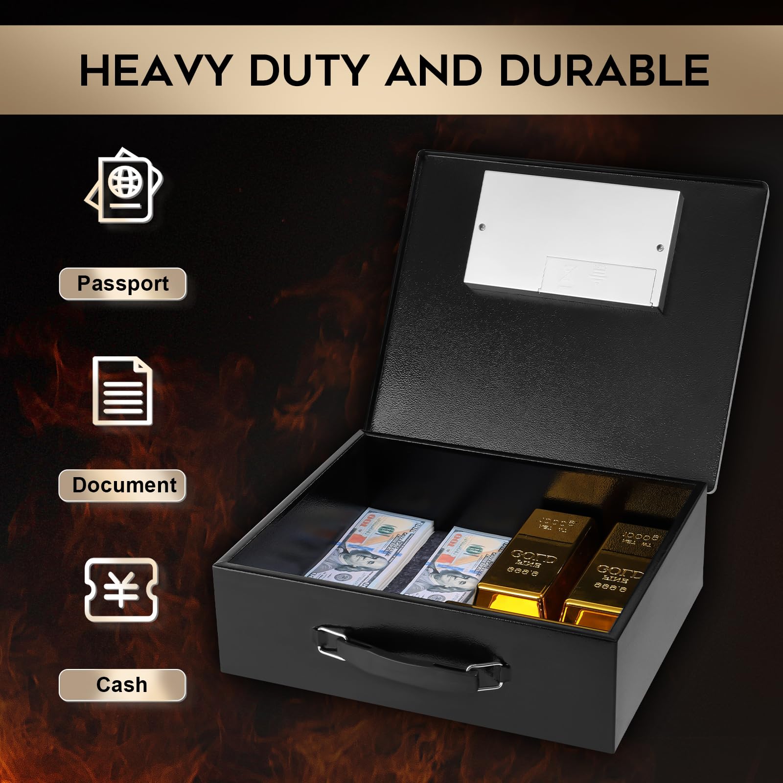Dalmbox Caja fuerte de metal portátil con cerradura de código digital, almacenamiento resistente al fuego para documentos, caja de seguridad ignífuga, coche, hogar, oficina y exterior, caja negra