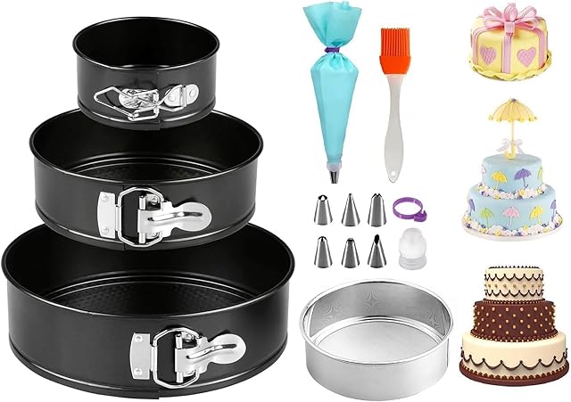 jingxinxin Cake Tin Set 3 Pcs(4"/7"/9"), Non-Stick Springform Baking Trays &1 Pcs Flour Sieve,Piping Bags and Nozzles Set 8 Pcs,1 Pcs Oil Brush,Cheesecake Pan with Removable Bottom