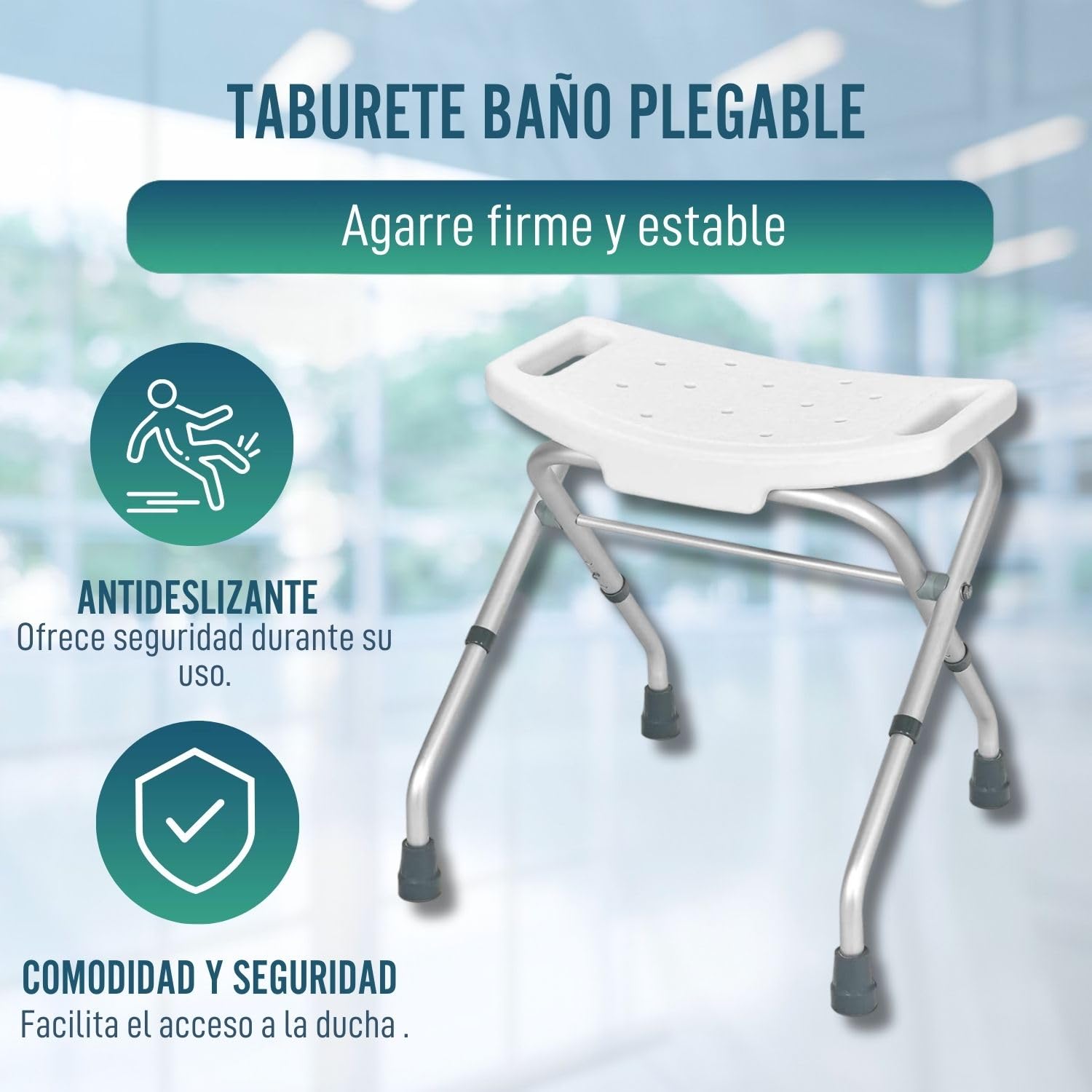 OrtoPrime Taburete Baño Plegable - Silla para Ducha Ortopédica - Asiento Bañera Portátil - Banqueta Antideslizante - Taburete de Ducha para Ancianos o discapacitados - Banco de Ducha