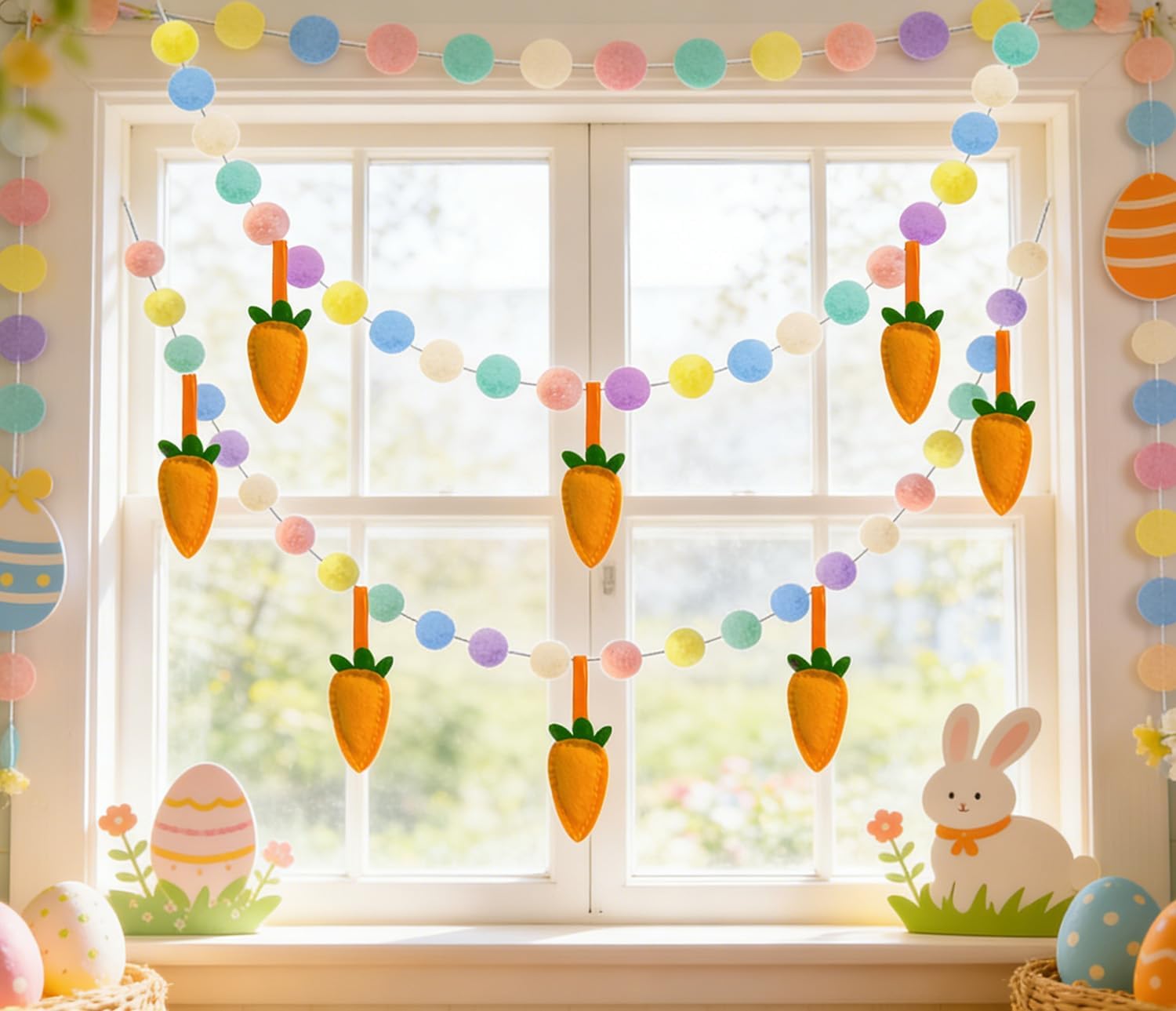 Easter Garland for Spring Party Decorations, 2 Pack 6.5FT Pastel Pom Poms Garlands with Handmade Felt Carrots Hanging for for Mantle Fireplace Wall Tree Indoor Garden Outdoor Easter Banner Decor