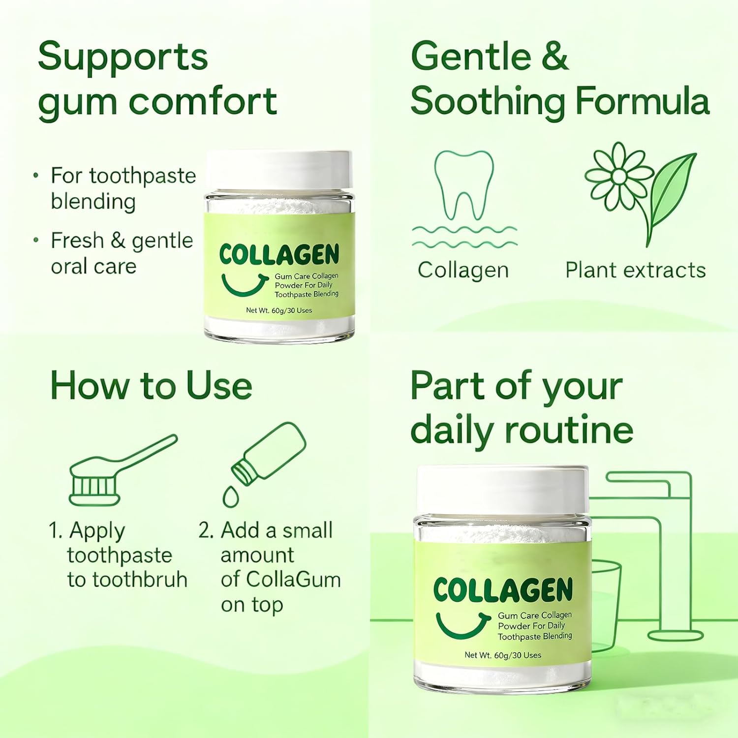 Collagen Powder for Gums - Collagen Tooth Powder for Gums - Hydroxyapatite Toothpaste Care Powder Protect Gum - Mineral-Infused-Collagen Formula 60g (2)