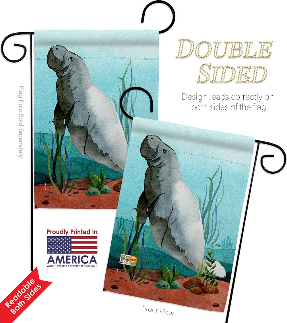 Manatees Garden Flag Set Wall Holder Animals Sea Creature Nautical Ocean Fish Outdoor Summer Marine Small Decorative Gift Yard House Banner Double-Sided Made In USA 13 X 18.5