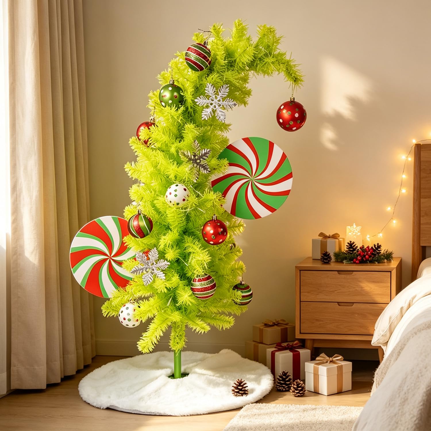 3FT Grinch Christmas Tree Light up Tree with Ornaments, Bendable Christmas Decor Tree with 24" Skirt, 40 LEDs Waterproof Leather Thread Light for Home Office Party 3ft Fruit Green