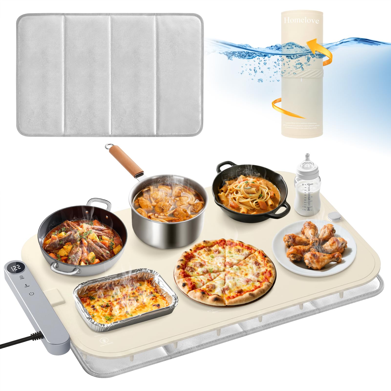 Homelove Warming Mat for Food - Electric Warming Tray with 7-Level Temp Settings &amp; 6 Hours Timer, Full Surface Graphene Heating, Waterproof Dishwasher-Friendly Food Warmer for Parties, Kitchen (Beige)