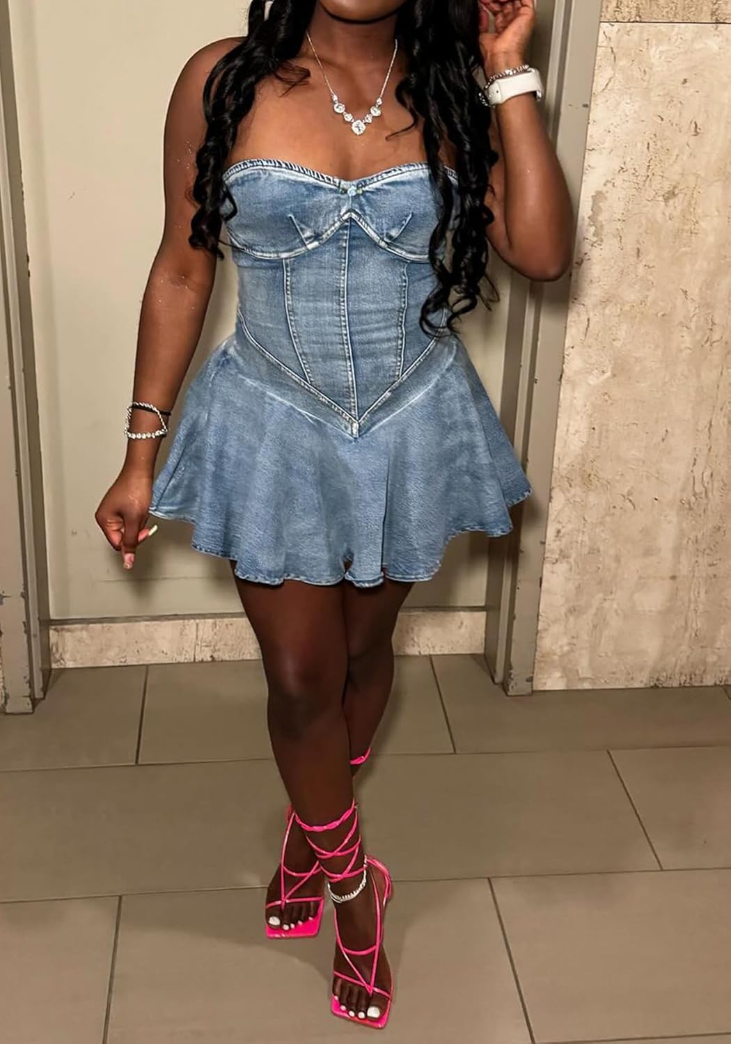 DINGANG Womens Y2K Strapless Denim Mini Dress Off Shoulder Corset Tube Pleated Ruffle Party Jean Dresses - Image 3