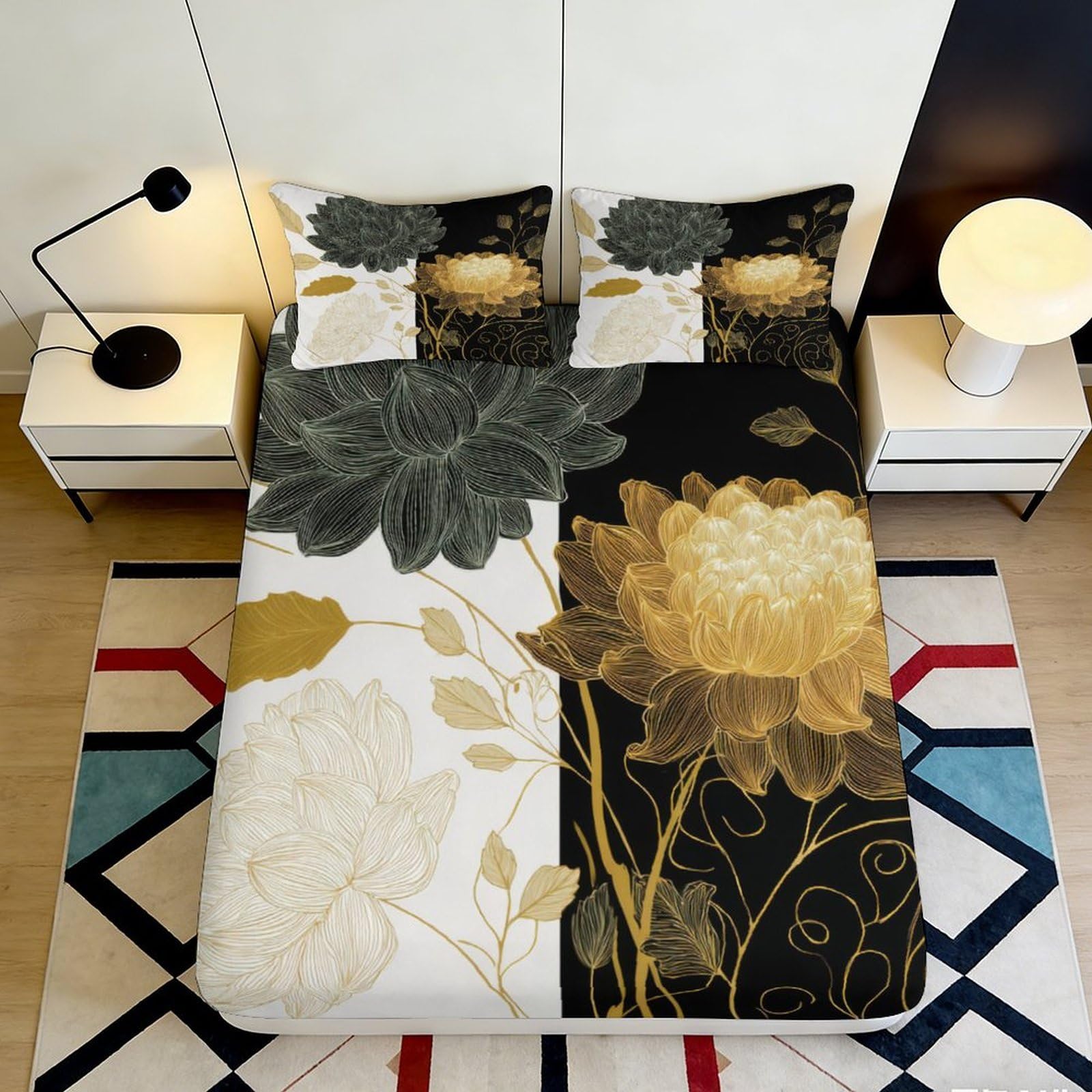 3D Printed Golden Lotus Black White Fitted Sheet Microfiber Abstract Floral Bed Cover for Bedroom Guest Room Mattress Decor 90x200x25cm
