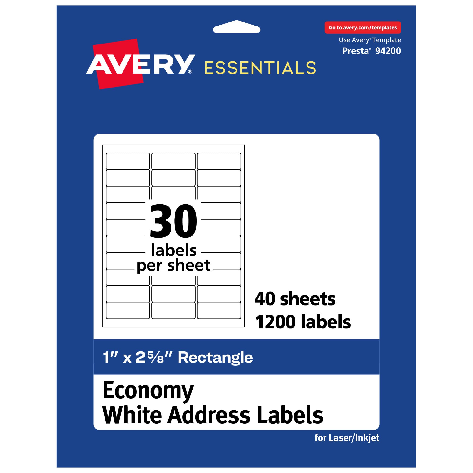 Avery Matte White Rectangle Labels, 1" x 2-5/8" Labels, 1,200 Total, Laser/Inket Printable, Great for Addressing, Product Merchandising, Food &