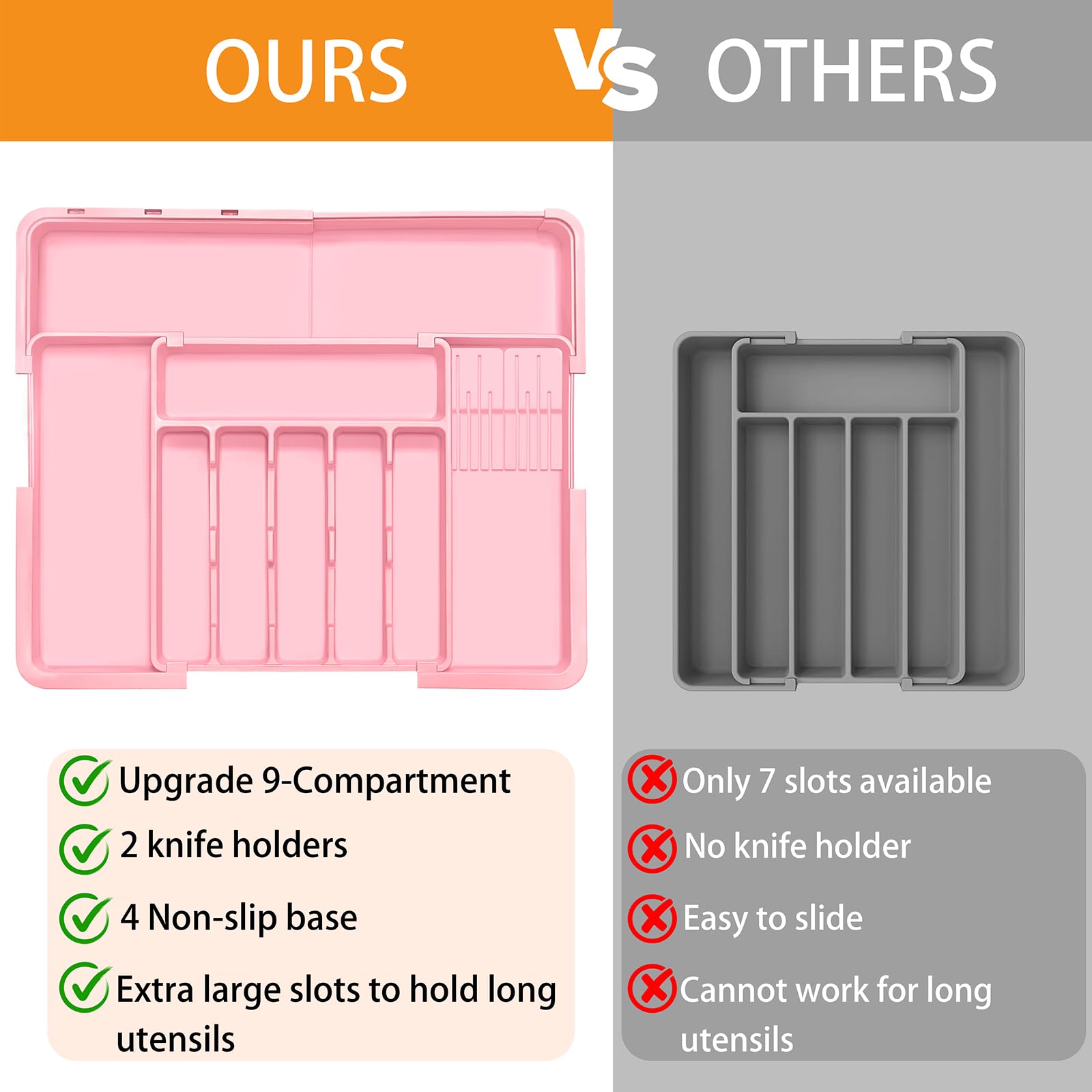 Homecor Silverware Organizer – Grande organizer espandibile per cassetti da cucina con 2 inserti per ceppi coltelli, vassoio portaposate da 55,9 x 48,9 cm, con divisori per cassetti, per posate da