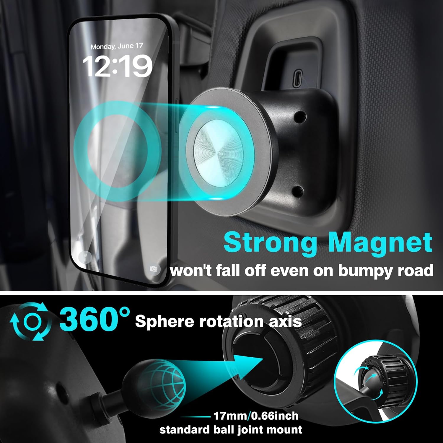 BestEvMod Seat Back Second Row Anchor 1/4 Screw Mount Phone Holder Tablet Mag Safe Compatible with 2022-2024 2025 2026 Rivian R1T&R1S Backseat fits All Phones&Android 360° Adjustable (Mag Safe)