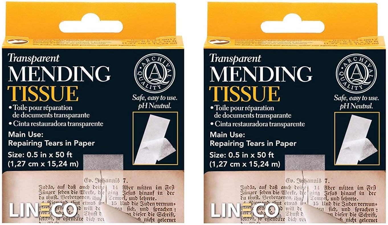 Lineco Archival Document Repair Tape, Repairs Paper Documents, Books, Maps, Ephemera, Photos and Printed. Ideal for Family Archivist, Acid-Free Translucent Tape 0.5" x 50', Pack of 2
