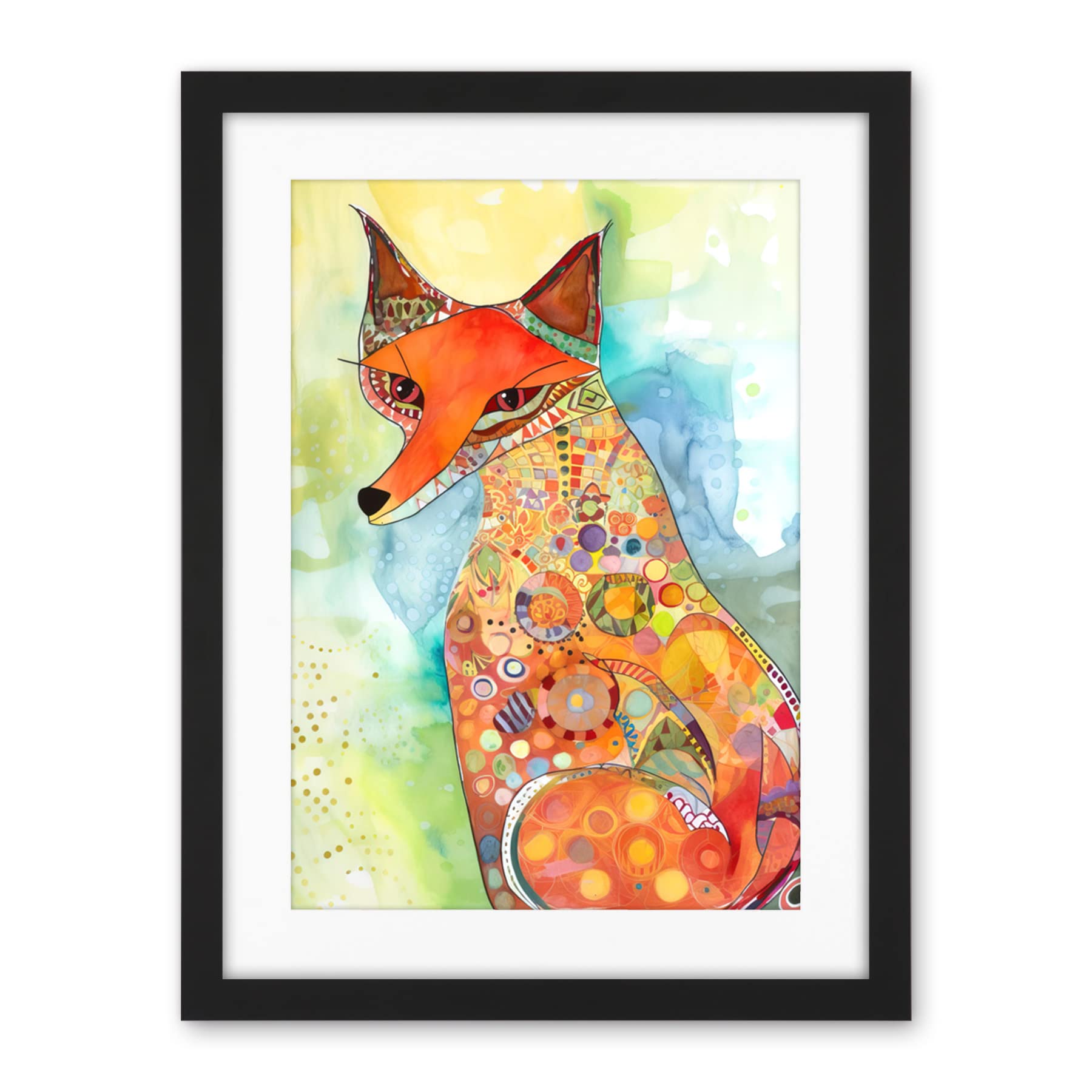 Artery8 Sitting Fox Folk Art Watercolour Painting Artwork Framed Wall Art Print 18X24 Inch