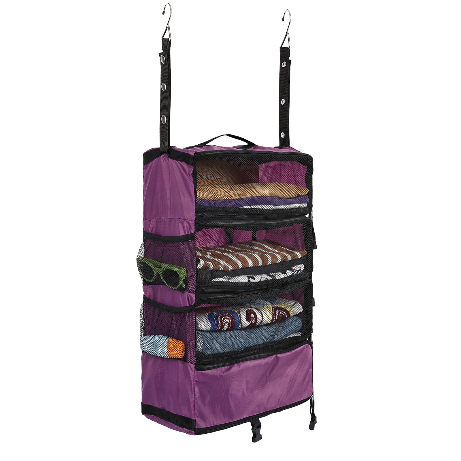 Surblue Travel Hanging Luggage Organizer Portable Suitcase Closet Organizer Multiple Compartments Collapsible Compression Packing Cubes Shelf, Purple, S