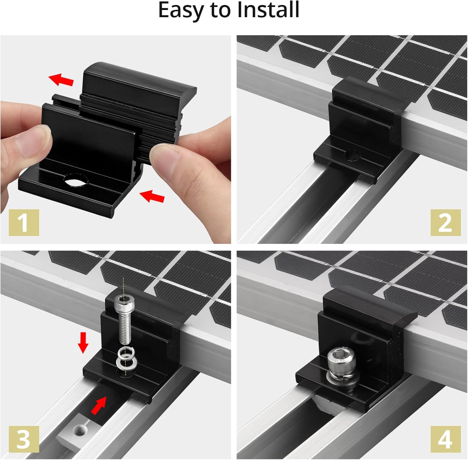 Anbte 10pcs Solar Panel Mounting Brackets 30-50mm Adjustable, Aluminum Solar Panel End Clamp Include 10*Screw M8 and 1*Wrench, Solar Mount Kit for Metal Roof, Tin Roof, Flat Roof, Sheet Roof, Black