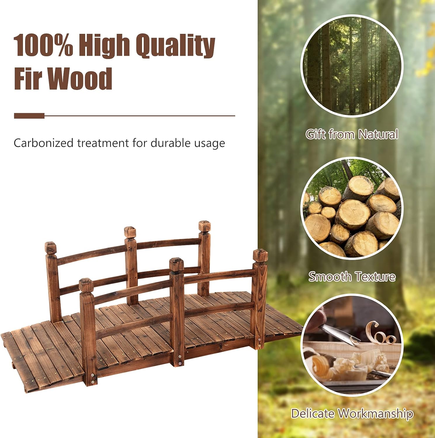 LDAILY Moccha 5FT Wood Garden Bridge, Pond Bridge with Guardrails for Outdoors Backyard, Garden Backyard Decor Wishing Well, Small Bridge (Brown)