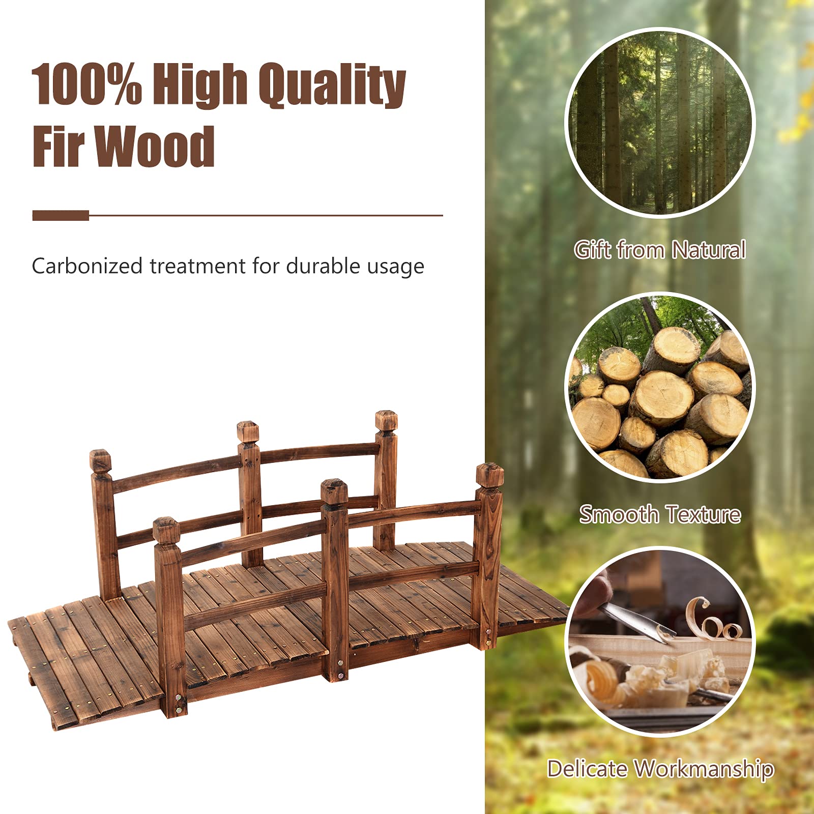 GIANTEX - Puente de jardín de madera carbonizada para estanque, decoración exterior, 150 x 67 x 55 cm, carga máxima 100 kg (marrón)