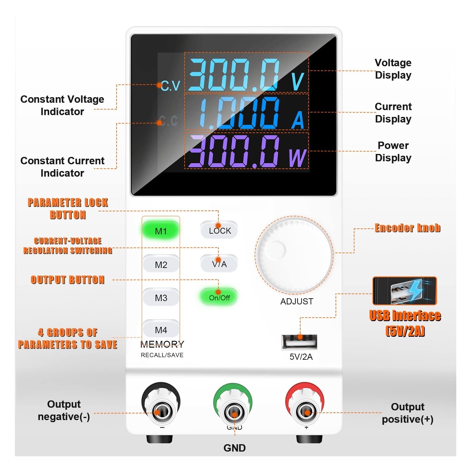 Alimentatore da Banco DC Power Supply Lab Funzione di memoria programmabile regolabile Banco alimentazione STABILITORE STUNDATORE DI TENSIONE(Noir,120V 3A)