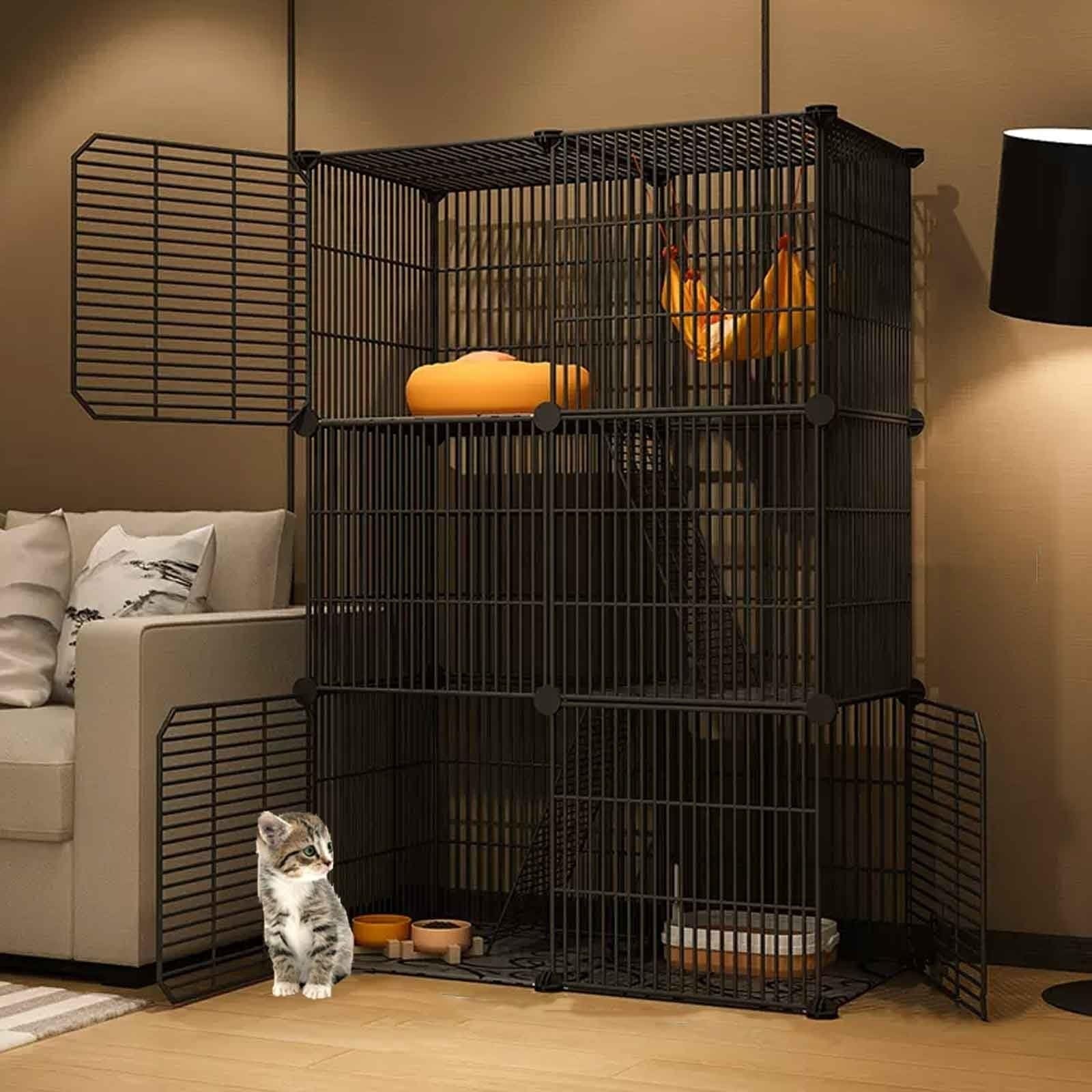 Jaula para Gatos Grande Interior/Exterior, Jaula para Mascotas Desmontable, Recinto para Gatos Metal de 2/3 Niveles para 1-3 Gatos, Chinchilla(Color:A-Black,Size:75x37x109)