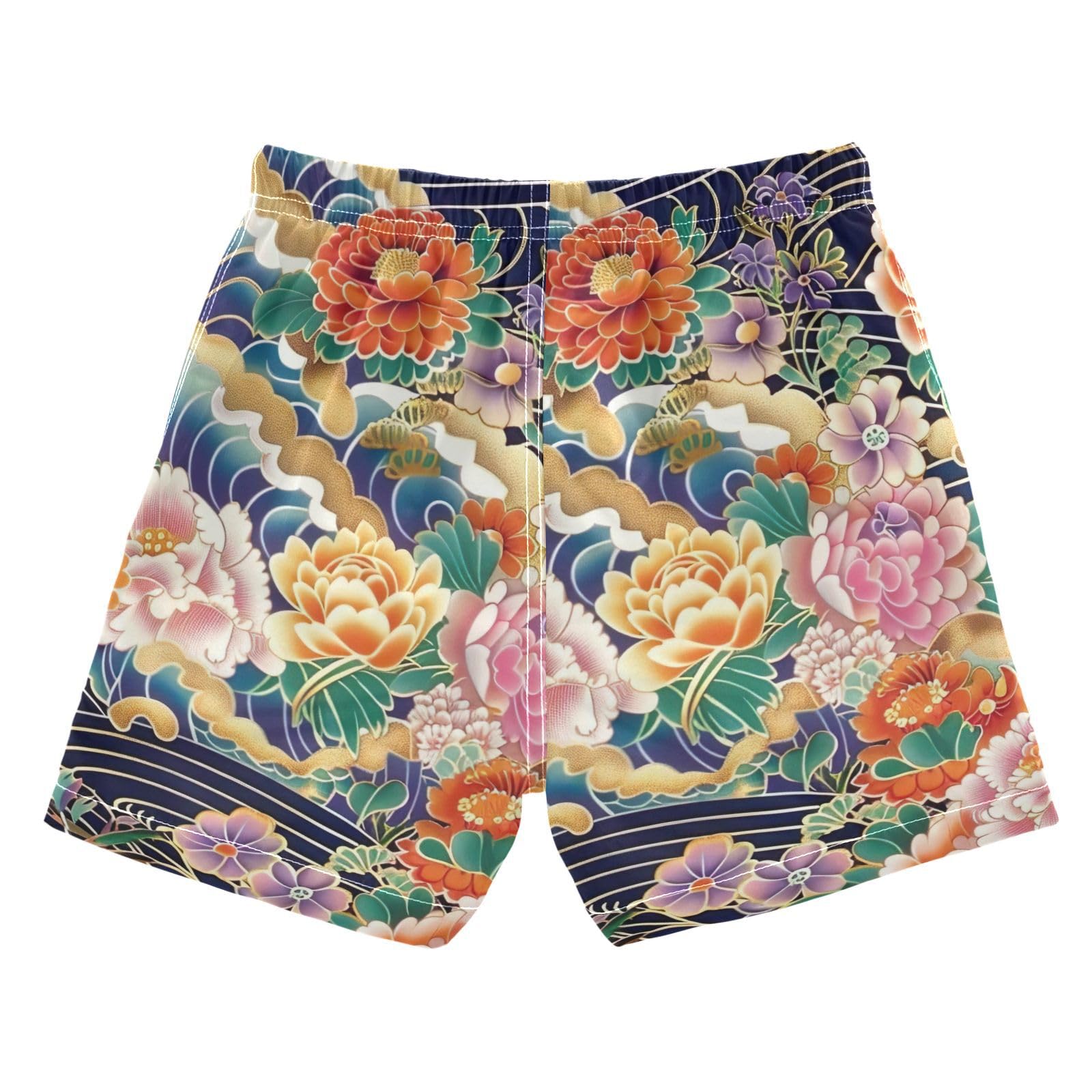 FLildon Japanese Waves Floral Little Boys Swim Trunks with Mesh Lining Quick Dry Beach Board Shorts, 3T