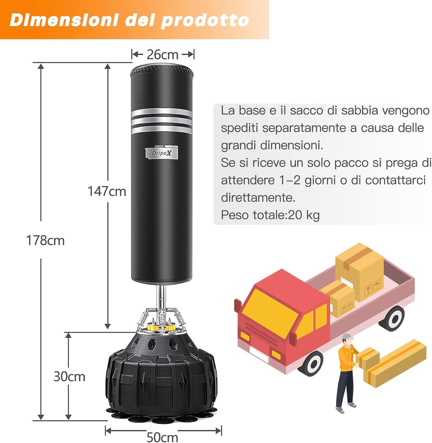 Dripex Sacco da Boxe da Terra, 178cm con Base a 19 Potenti Ventose Riempibile 80kg Sabbia / 60kg Acqua Pugilato Kickboxing Autoportante MMA Thai per Adulti (Spedizione in 2 pacchi separati)
