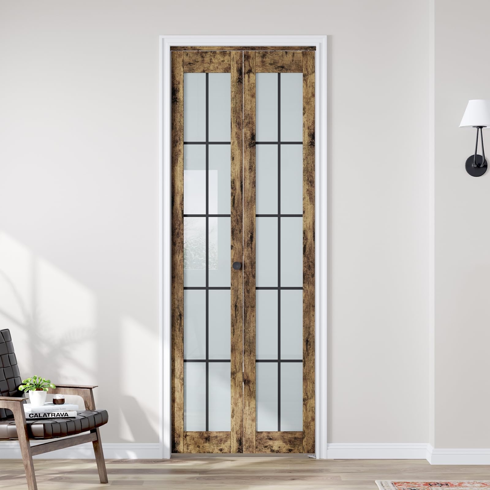 Preassembled Bifold Closet Doors for 30" X 80" Opening, Country Style,Space Saving, Tempered Frosted Glass with Black Cross Grid, Bi folding Barn Door with Concealed Hardware Kit, Easy Install