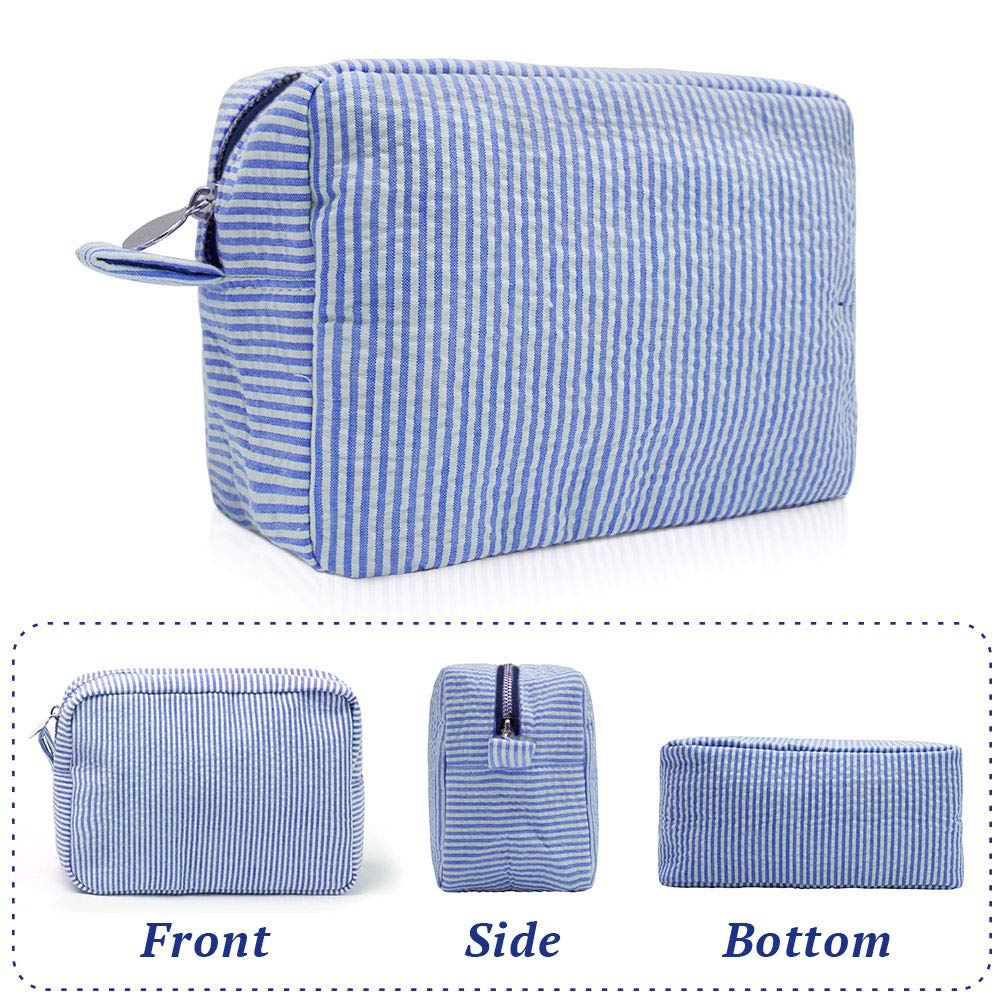 Seersucker Cosmetic Bag, Large Makeup Pouch Travel Toiletry Case with Zipper Closure Seersucker Cosmetic Organizer for Women Girls