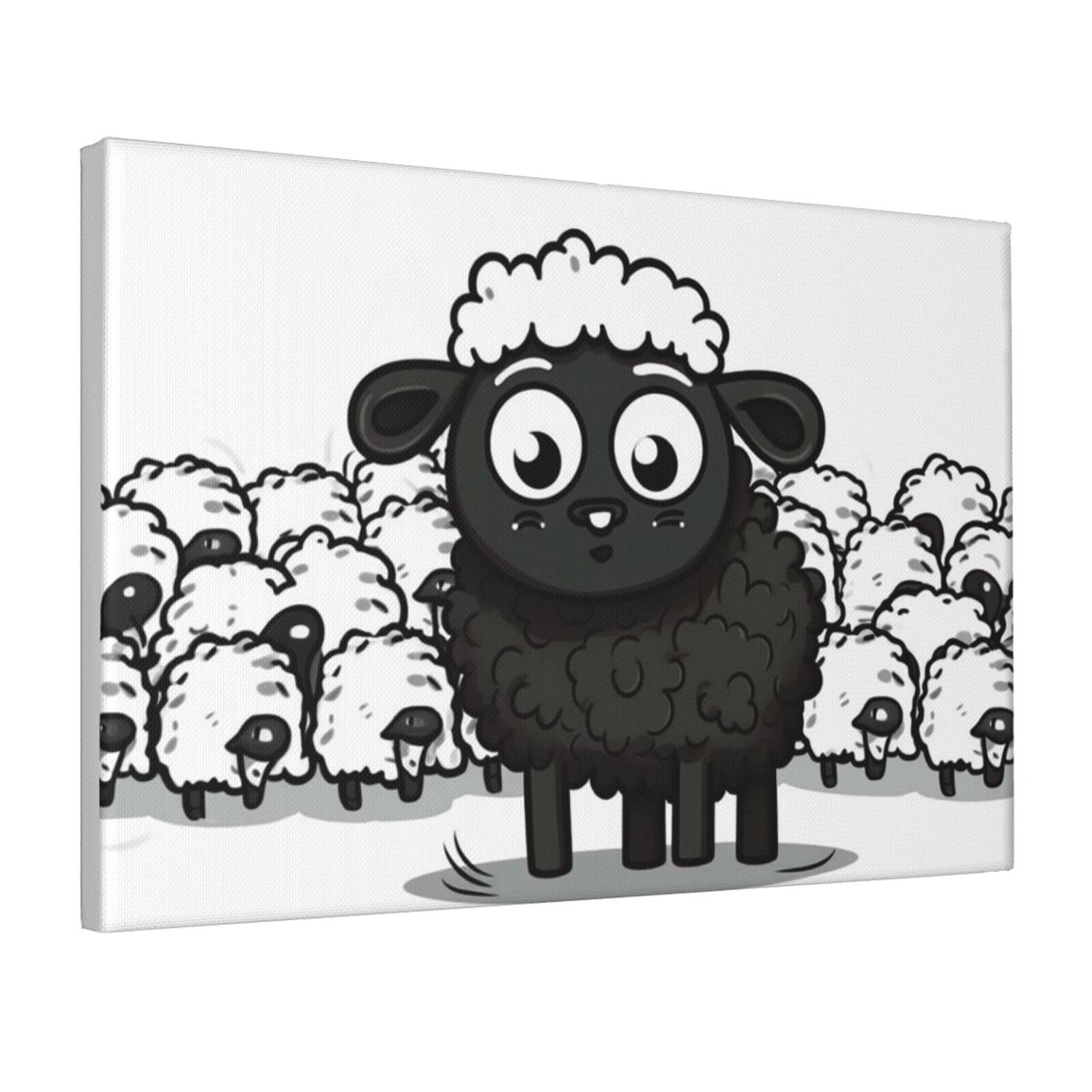 Framed Wall Art for Living Room Art Work, Cartoon Black White Sheep Picture Prints Modern Office Wall Paintings Poster Aesthetic Wall Decorations for Home Decor Ready To Hang 16"x24"
