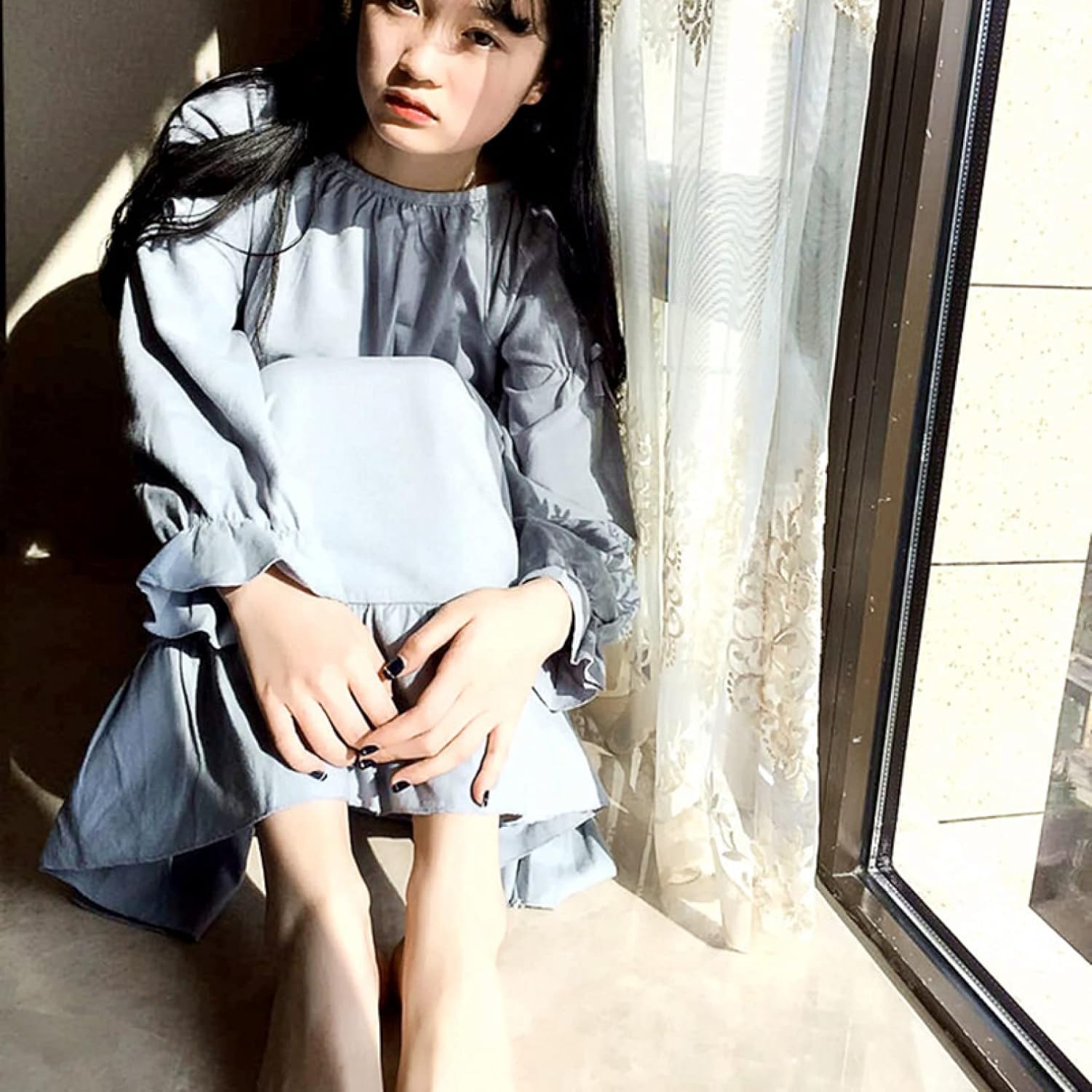 [シュウカ] ネグリジェ レディース XL 春夏 綿麻 無地 ワンピース 長袖 かわいい ロング 大きいサイズ ゆったり フリル ゆ