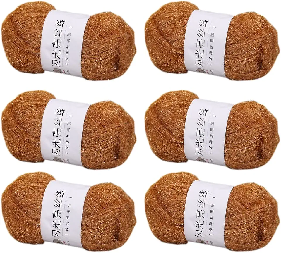 6 novelos de fio brilhante para panos de prato 100% poliéster, vidro, seda, pastel, para crochê, tecelagem, artesanato feito à mão, total de 300 g (Camel)