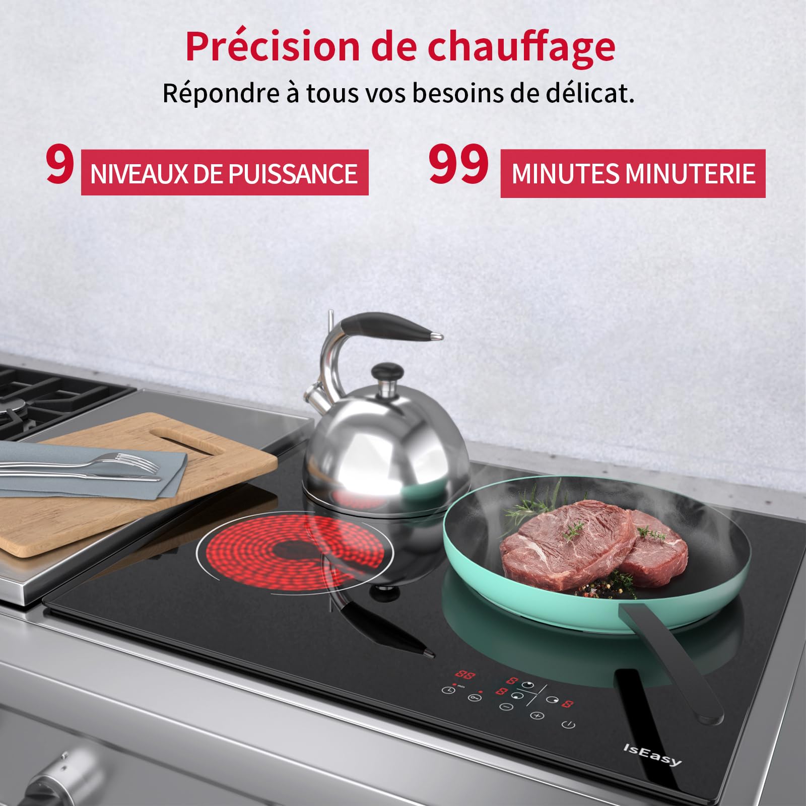 IsEasy Plaque Vitrocéramique 3 Feux Encastrable 60cm 5500W Minuteur 9 Niveaux de Puissance