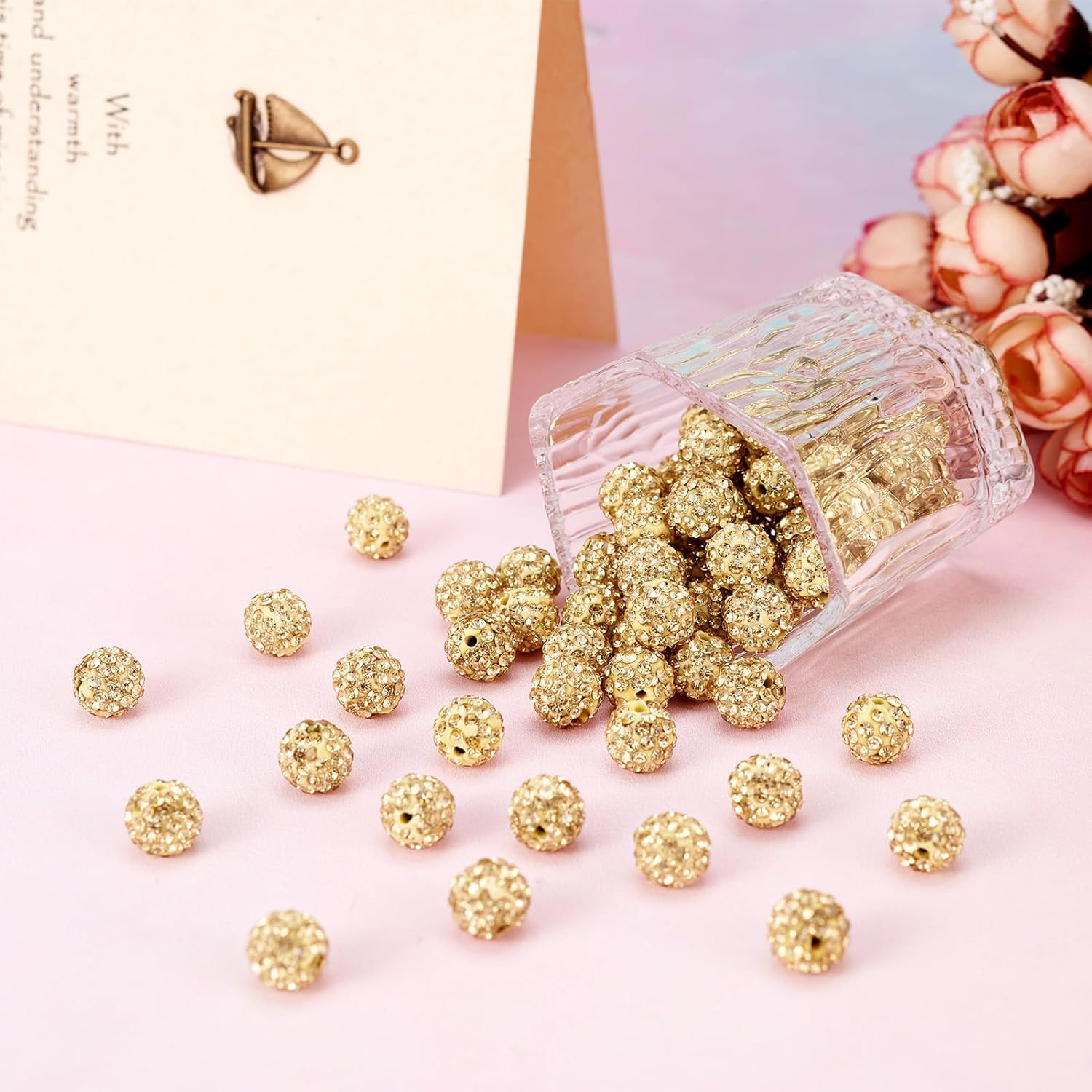 Beadthoven 100pcs 10mm Rhinestone Beads Sunlight Yellow Crystal Pave Clay Disco Ball Beads Round Polymer Clay Rhinestone Diamond Clay Spacers for Necklace Bracelet Jewelry Making Fall - Image 2