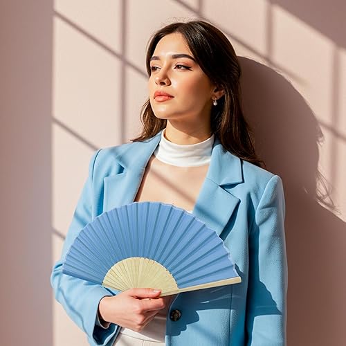 Miniatura 27 de FANSOF.FANS Abanico de mano plegable de mano de tela con borla de grado A, varillas de bambú para mujeres y niñas, fiesta de verano, eventos, Azul