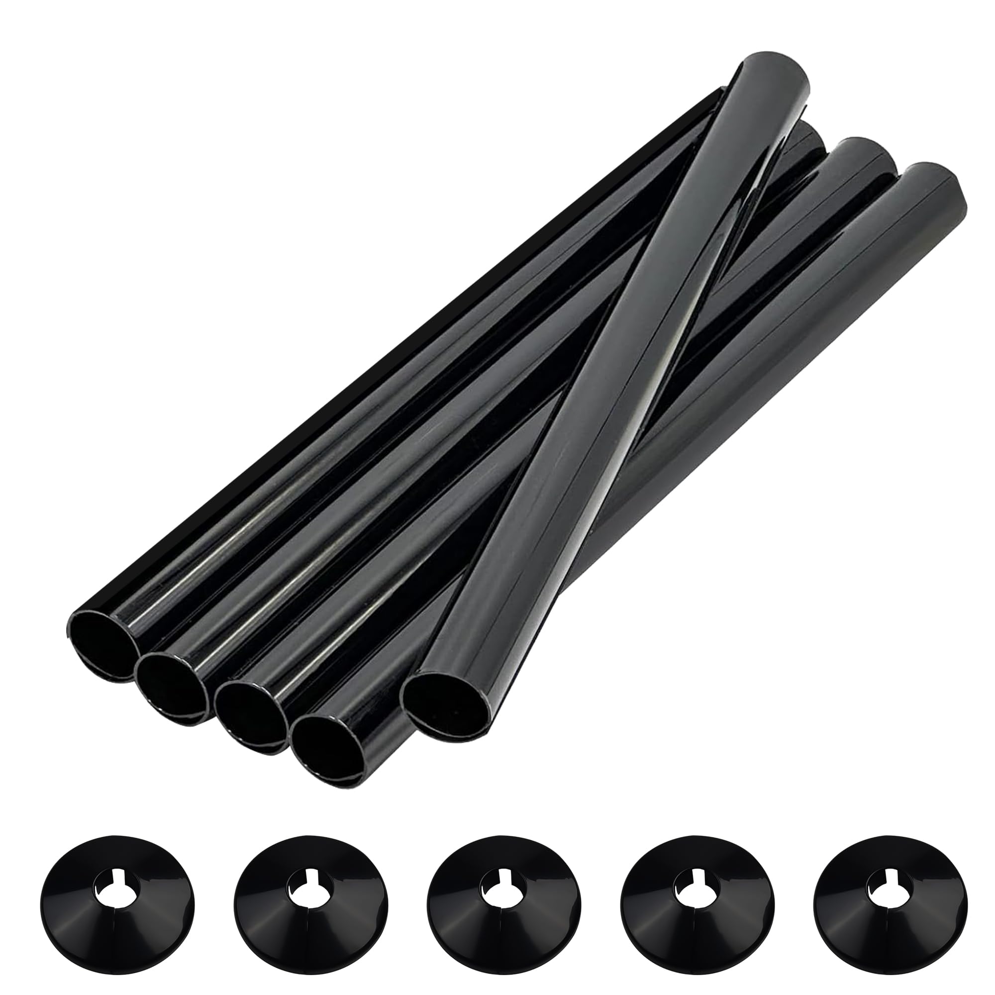 Aomaic Black 5 Pcs Radiator Pipe Covers And Pipe Collars 200Mm X 15Mm Pipe Snap On Pvc Plastic Radiator Caps 15Mm Pipe Covers Thickened Radiator Sleeves