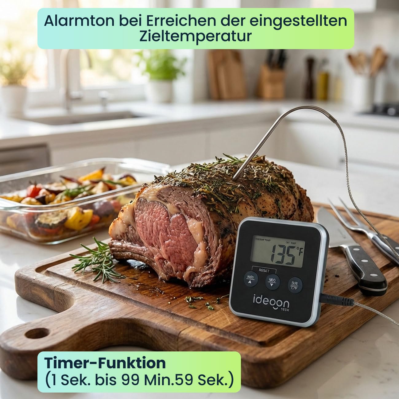 ideoon Digitales Fleischthermometer & Ofenthermometer mit Timer bis 300 Grad, Kabelgebundenes Braten- und Grillthermometer, für BBQ, Grill, Smoker, Backofen