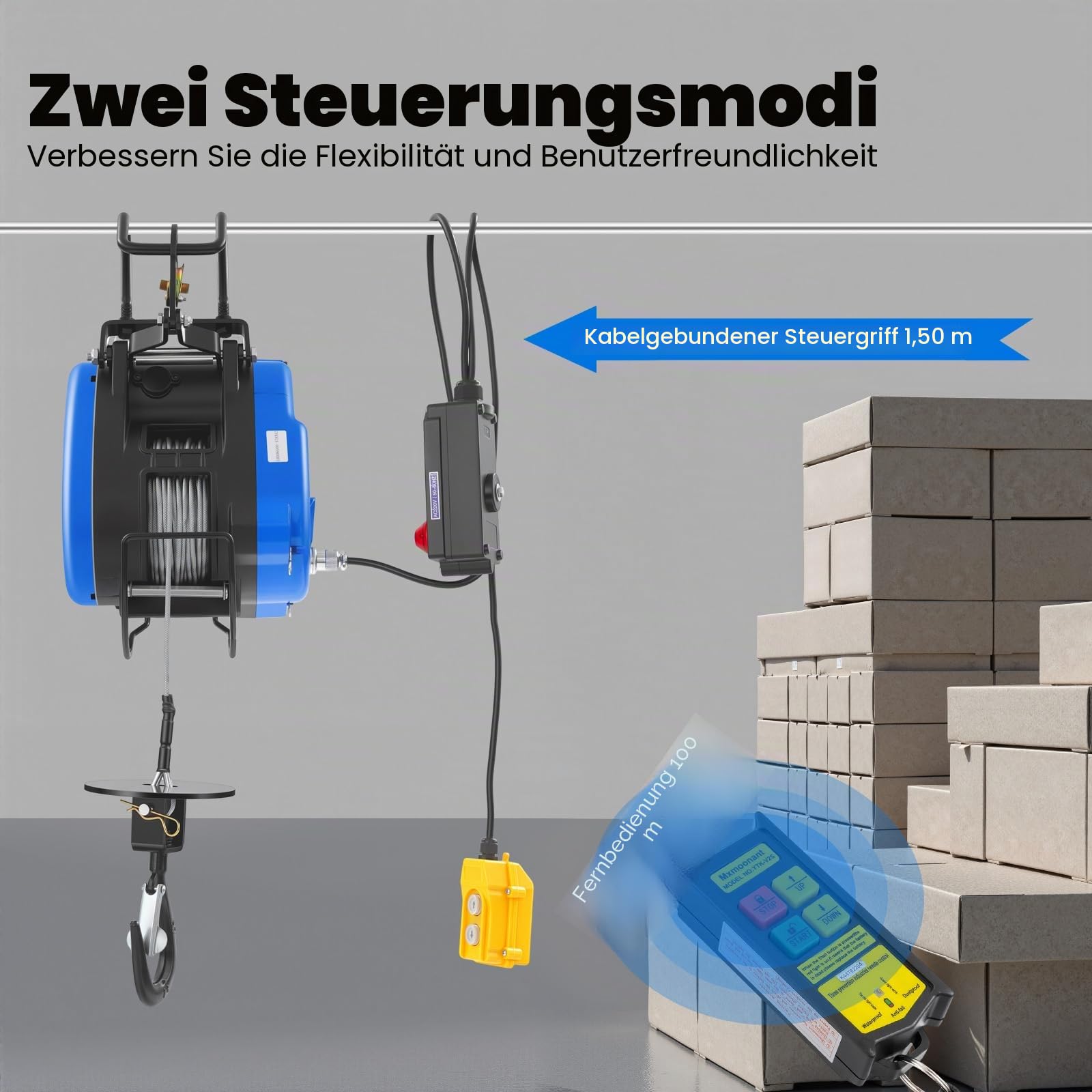 Seilwinde Elektrisch 250KG, 1500W 230V Seilzug Elektrisch | mit Kabellose Fernbedienung, Hebehöhe 29m, Hubgeschwindigkeit 19m/min, IP40 Hebezug für die Landwirtschaft, Fabriken, Docks