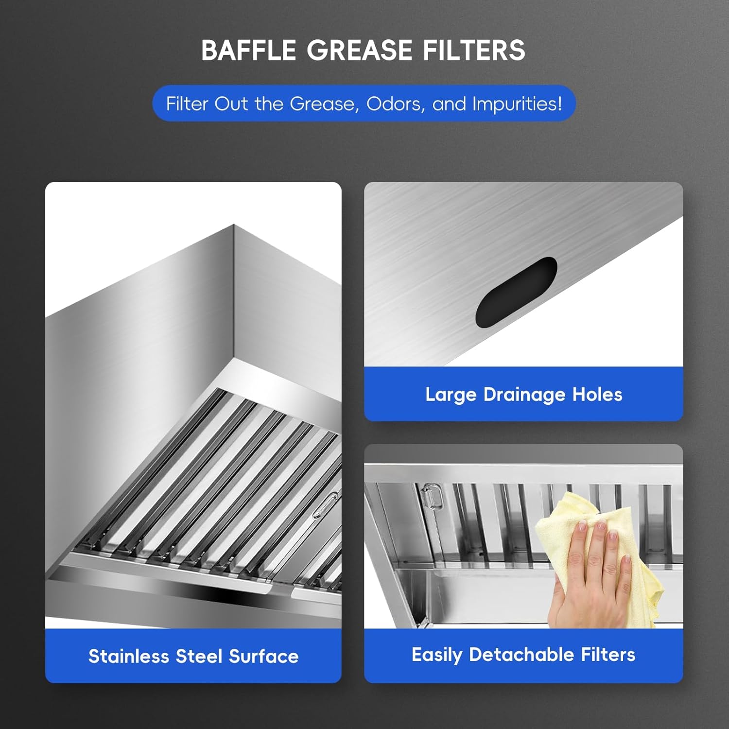 9FT Commercial Exhaust Hood, 201 Stainless Steel Rust-Resistant Vent Hood with 4 Detachable U-Shaped Grid Oil Filter for Food Truck, Concession Trailer & Commercial Restaurant Kitchen