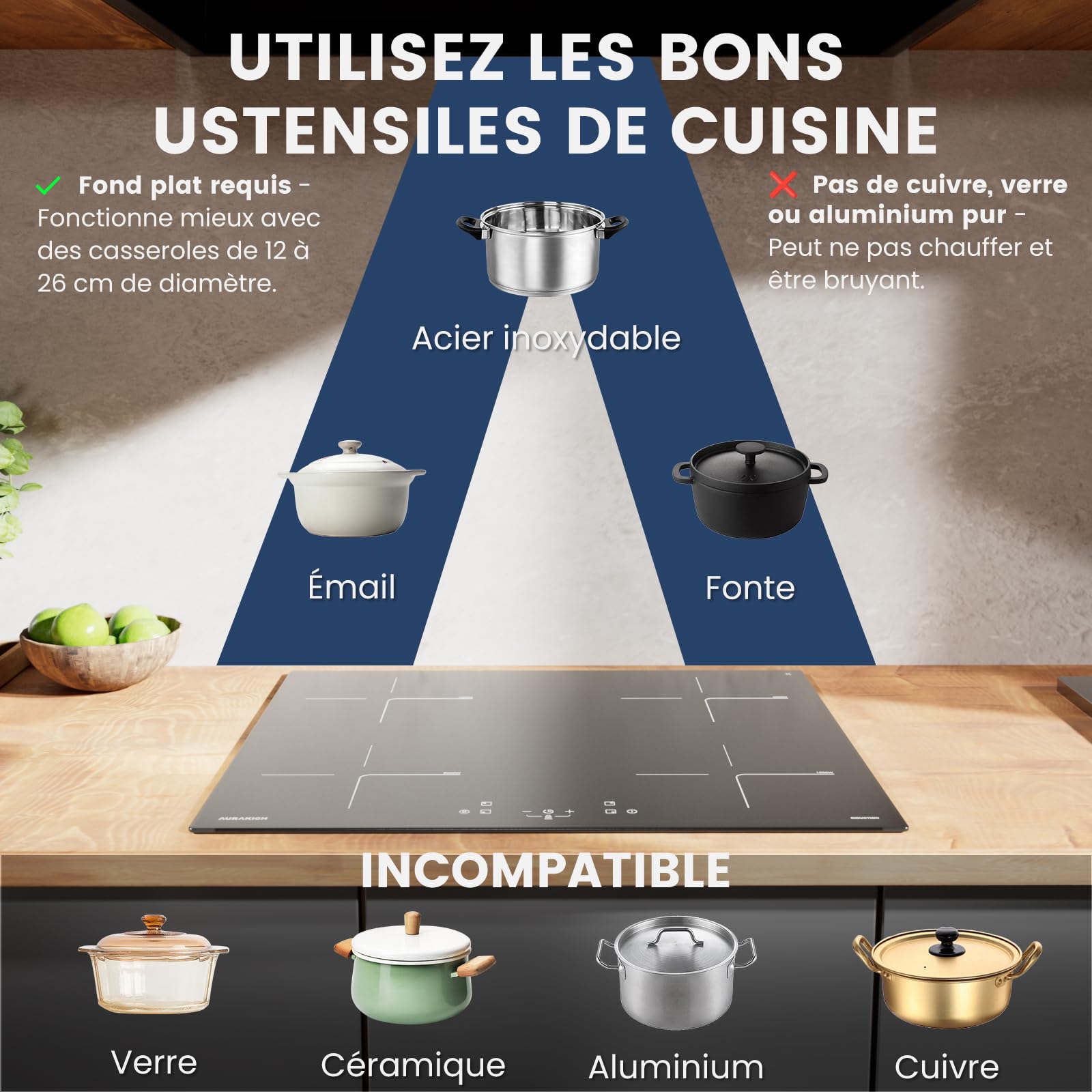 Plaque Induction 4 Feux 7000W 60cm Encastrable Verre Anti-Rayures avec Grattoir Minuterie 2 Boosters Sécurité Enfant