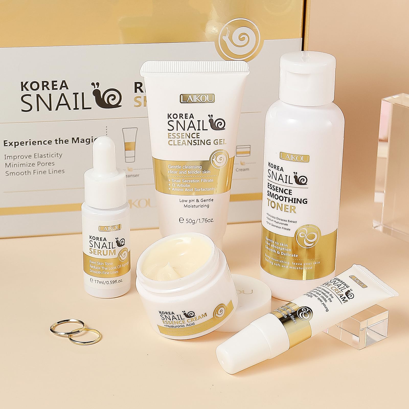 LAIKOU Korea Snail Mucin Skincare Set, Face Care Kit with Hyaluronic Acid, Niacinamide & Red Ginseng, Hydrating Cleanser