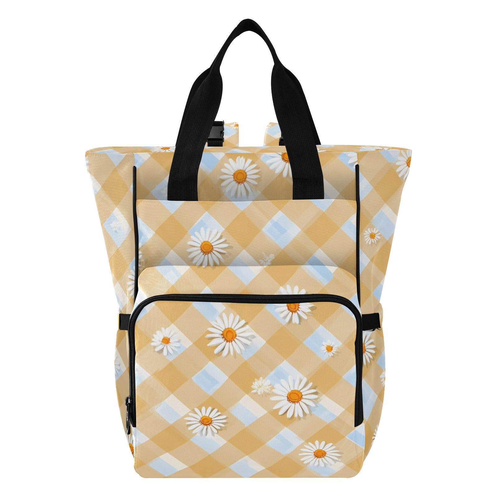 Bolaz Khaki Grid Daisy Diaper Bag Backpack Tote Multifunction Baby Nappy Changing Bags Large with Stroller Straps Travel