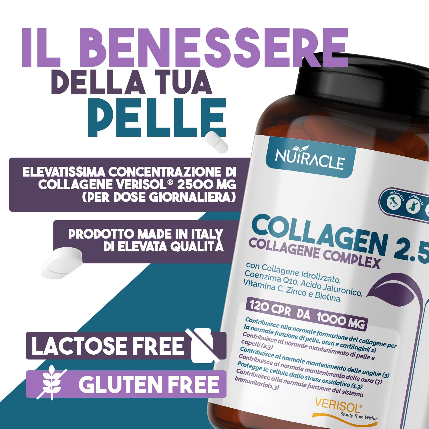 Collagene Idrolizzato Verisol® 2500 mg + Acido Ialuronico + Coenzima Q10 - Integratore Pelle, Capelli e Ossa con Biotina, Zinco e Vitamina C - 240 compresse, Nutracle
