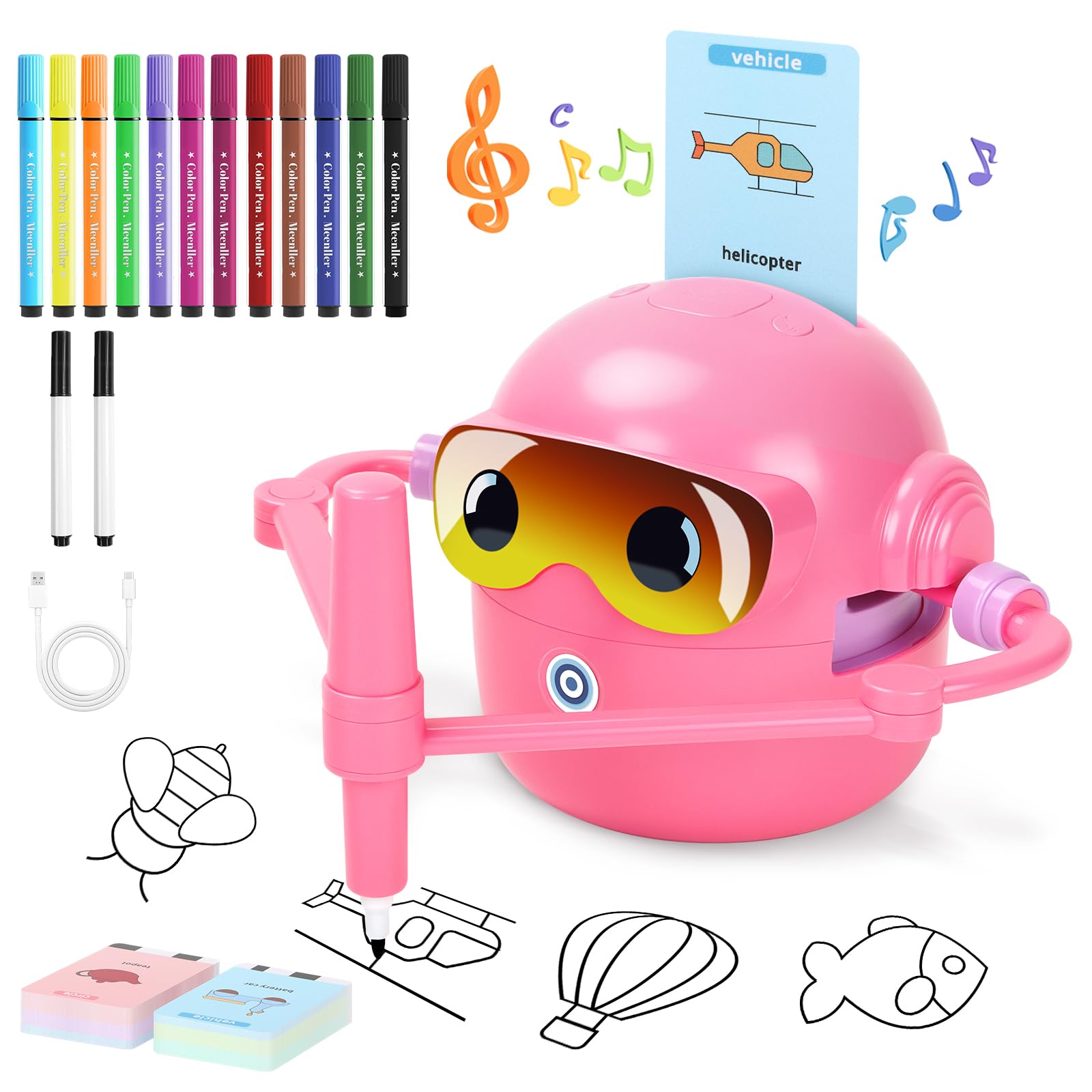 Charmofun Robot de Dibujo para Niños, Drawing Robot con 100 Tarjetas, Robots Inteligente Juguete Recargable, Juguete Educativo Interactivo con Voz para Niños y Niñas a Partir de 3 Años (Rosa-2)