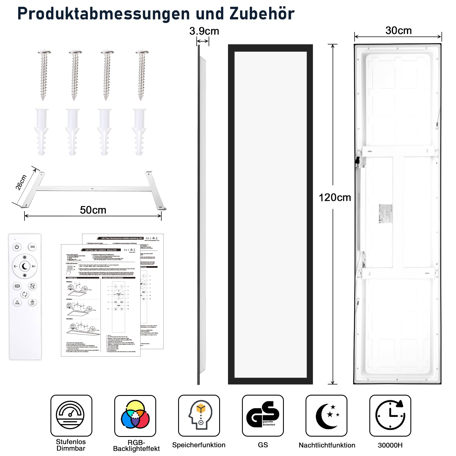Oraymin Plafonnier LED 120x30 cm 40W 4800 lm RVB avec télécommande 3000K-6500K